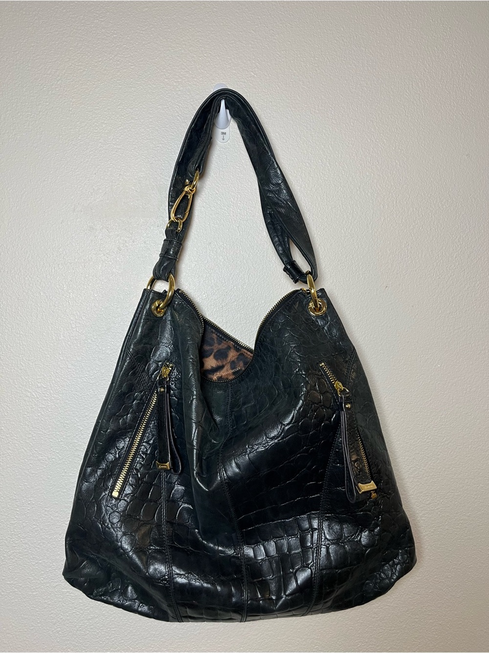 b. makowsky Vintage Black Croc-Embossed Leather Shoulder Hobo with Gold Hardware